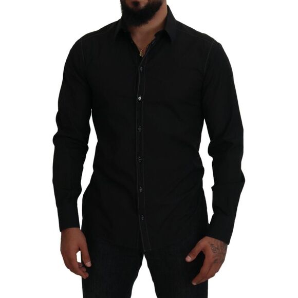 Dolce & Gabbana Black Cotton Collared Long Sleeve GOLD Men's Shirt - Picture 5 of 6